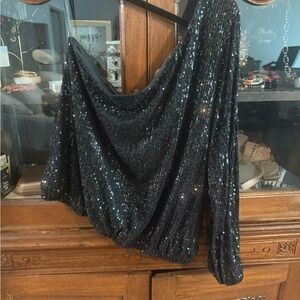 One Shoulder Black Sequin Top